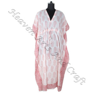 100% coton manches chauve-souris caftan robes main bloc impression décontracté bohème Floral pour les femmes longue plage porter naturel pour les stations - Product Image 5
