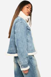 Chaqueta vaquera azul claro para mujer tela de algodón de alta calidad cuello levantado lado interior forro de piel ropa de abrigo de invierno elegante casual - Product Image 2