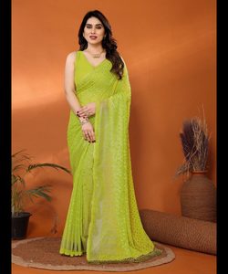 ผ้าไหมเรยอนแบบส่าหรี พร้อมงานปักสวยงามแบบบานาราซี และเสื้อคลุมผ้าตาข่ายสำหรับผู้หญิง สวมใส่ในงานแต่งงาน งานเลี้ยง ซักได้ - Product Image 3