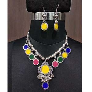 Jeweljunk Multicolor rodio plateado cuentas Navratri collar conjunto 1112828B joyería de moda - Product Image 1