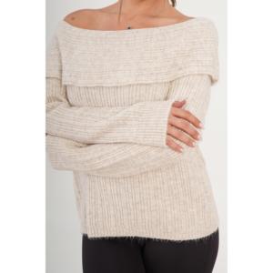 Pull en tricot à col Madonna orné de pierres, épaules dénudées, pour un style décontracté d'hiver - Product Image 1