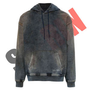 Quantité minimale de commande bas fabriqué en usine sur mesure unisexe Track denim pull à capuche mélange de coton finition en détresse cordon capuche goutte épaule - Product Image 6