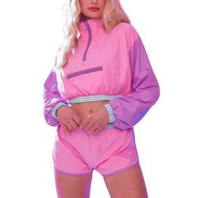 Coupe-vent 2 pièces avec logo personnalisé pour femmes, jogging avec fermeture éclair sur le devant, survêtement à cordon, ensembles de shorts d'entraînement pour femmes - Product Image 1