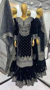 DESIGNER VISCOSE VELOURS BRODERIE SÉQUENCE TRAVAIL TOP SHARARA AVEC DUPATTA NOIR - Product Image 2