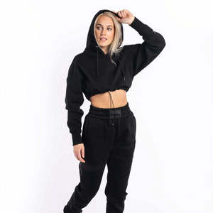 Sweat à capuche court à fermeture éclair intégrale, style épaules tombantes, coupe ample, noir, classique, pour femmes, 55% coton, 45% élasthanne - Product Image 1