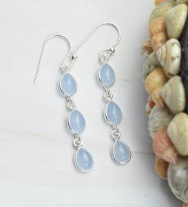 Classique filles boucles d'oreilles Aqua calcédoine solide 925 argent Sterling pierre précieuse naturelle à la main bijoux en argent fin 925 timbre bijoux - Product Image 3