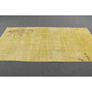 3.9x8.2 ft Rug, Turkish Rug, Vintage <b>Yellow</b> <b>Wool</b> Striped Rug - Product Image 3