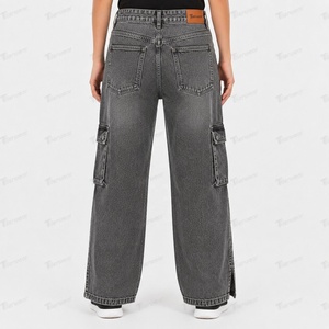 Jeans cargo en denim pour femmes, personnalisés, style vintage délavé, taille haute, coupe ample, jambe large, mode streetwear, vente en gros - Product Image 4