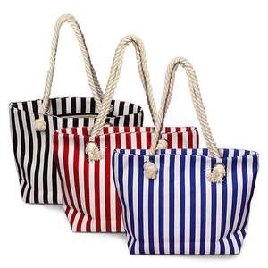 Summer Fashion Canvas Totes Portable Zippered Closure Embroidered Decoration Polyester Open Stylish Vertical Stripes Design - Product Image 1