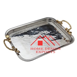 Latest Design Stainless Steel Serving <b>Tray</b> with Brass Handle for <b>Table</b> Centerpieces 2024 New Design Hot Sale Rectangle Foods - Product Image 1