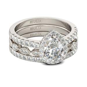 Jeulia Halo Pear Cut <b>Sterling</b> <b>Silver</b> Diamond <b>Ring</b> <b>Set</b> - Product Image 2