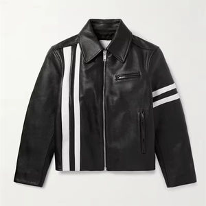 2026 High Quality Slim-Fit <b>Zip</b> <b>Fastening</b> Genuine Leather Varsity Jacket Men Attractive Striped Black Winter Motorcycle Jacket - Product Image 1