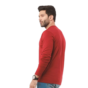 เสื้อยืดแขนยาวคอวีสำหรับผู้ชาย,สีแดงสีพื้นฐานสีพื้นสำหรับผู้ชายแบบเต็มตัว - Product Image 4