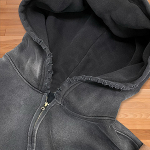 Sweat à capuche vierge polaire personnalisé Zip up Vintage Double couche lavage à l'acide Sun Faded Distressed Hoodies pour hommes Vintage - Product Image 4