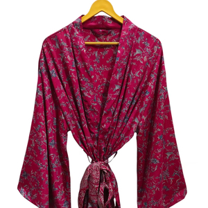 Bata de seda hasta el tobillo Bata multicolor Ropa de noche Bata India Vintage Seda reciclada Sari Kimono, - Product Image 1