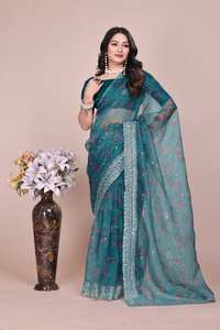 Collection de saris de fête tendance, nouveaux modèles traditionnels à fleurs, imprimés numériquement, en tissu organza, avec broderie Zari, pour femmes - Product Image 2