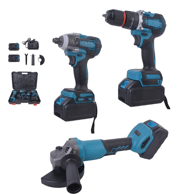 3in1 High Quality Portable Multi Power Tools Set Combo Cordless Impact Drill 125 Angle Grinder High Torque Wrench for Oem