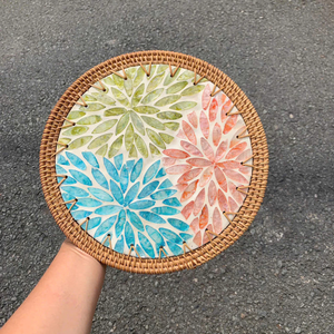Posavasos de ratán de alta calidad más vendido con incrustaciones de placa de mimbre de nácar estilo Floral hecho a mano en Vietnam - Product Image 3