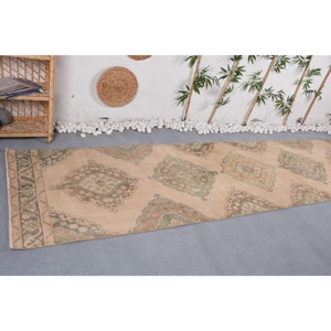 Vintage Turkish <b>Runner</b> <b>Rug</b> 3.3x12.6 ft, Beige Solid <b>Rug</b> Wool - Product Image 4