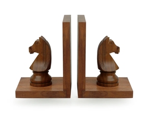 Caballo de ajedrez tallado a mano extremos de libros en madera Sheesham sujetalibros de ajedrez decorativos para estantes sujetalibros 2pack organizador de madera resistente - Product Image 4