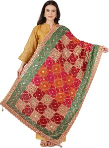 Intricate Mirror Stitch Dupatta <b>Green</b> Pink Embroidered Chinon <b>Silk</b> Ethnic Plain Style for Spring Season Printed for Muslims - Product Image 2