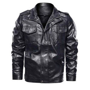 เสื้อแจ็คเก็ตหนังผู้ชายสำหรับฤดูหนาว คุณภาพสูง สไตล์ไฮสตรีท มีกระเป๋าใหญ่ที่หน้าอก ผ้าแคนวาสสีน้ำตาล คอตั้ง แต่งด้วยผ้าถัก - Product Image 4