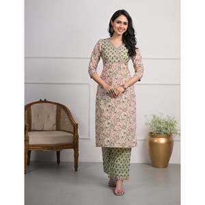 Green for Cream <b>Printed</b> Cotton <b>Block</b> Pant Set of 2 Salwar Kameez - Product Image 1