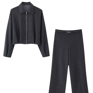 Ensemble pantalon décontracté pour femme, taille haute, fermeture éclair latérale, haut à manches longues ample avec col rabattu, poches, pantalon uni doux, automne - Product Image 1