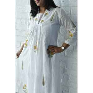 Vestido Kurta de Algodón con Estampado Étnico Mughal para Mujer, Color Marigold Cypress-XS, Largo hasta la Rodilla, Estilo Imperio, Elegante y Transpirable - Product Image 4