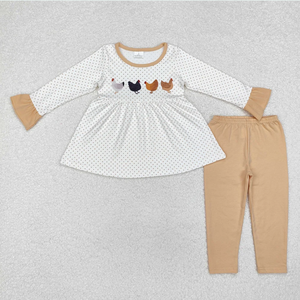 Ensemble de vêtements 2 pièces pour filles, robe à manches longues avec imprimé poulet et pantalon rayé, motif à pois confortable pour les tout-petits - Product Image 6
