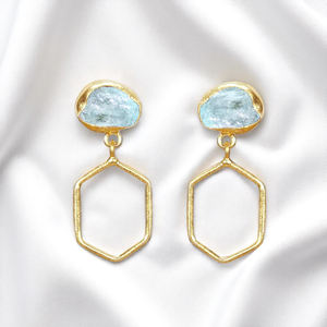 Pendientes de gota chapados en oro hechos a mano con piedras preciosas de Aguamarina en bruto, pendientes de Metal hexagonales, joyería personalizada - Product Image 1