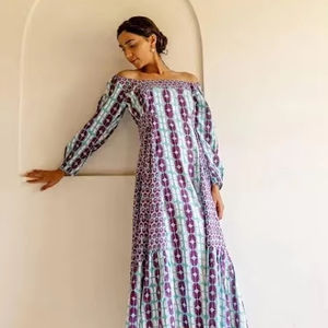 Main indienne bloc coton élégant longue robe imprimé fleuri femme mode robe de soirée hors de l'épaule robe cadeau pour elle en solde - Product Image 1