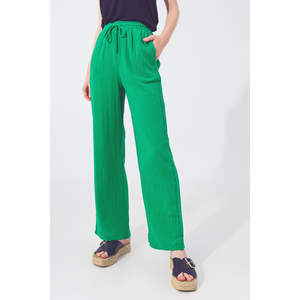 Pantalones holgados de cintura alta para niñas, color verde, con textura, transpirables, ligeros, de pierna ancha, informales, con cintura elástica y cordón ajustable - Product Image 1