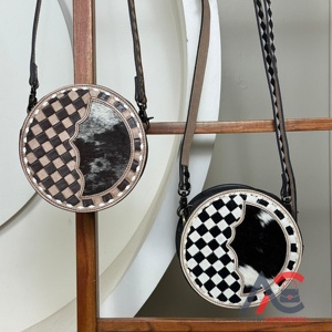 Fashionable New Design Checkered Cow Leather Crossbody Bag Women's Round Messenger Handbag Shoulder Round Purse Sling <b>Circle</b> Bag - Product Image 1