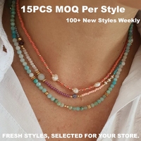 Parure de bijoux assortie légère et tendance, collier superposé multicolore en acier inoxydable, tourmaline, perle d'eau douce et perles de rocaille