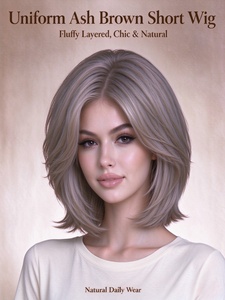 Short Layered Ash Milk Brown <b>Synthetic</b> <b>Wig</b> for Women, Natural Hairline Heat Resistant Fiber <b>Wig</b> Daily Wear - Product Image 1