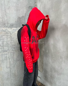 Ropa de calle de alta calidad 500 Gsm Heavy Rhinestone Letter Printing Vintage Acid Wash Sun Faded Zip Up Rhinestone Sudadera con capucha para hombre - Product Image 3