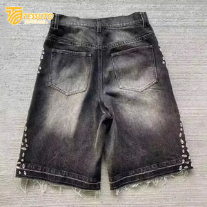 Custom <b>Men's</b> Summer Cotton French Terry Jogger Shorts Distressed Puff Print Embroidery Rhinestone Mid Waist Acid Wash Denim Cute - Product Image 4