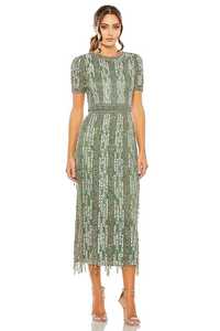 Vestido de fiesta de mujer modesto verde cálido hasta la rodilla con media manga brillantes cristales con cuentas a mano bordado Polymesh Material - Product Image 3