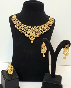 Classic Vintage 24K Gold Plated Brass Jewelry Set Necklace Earrings <b>Ring</b> Women's Wedding Gift Party Floral Design - Product Image 1