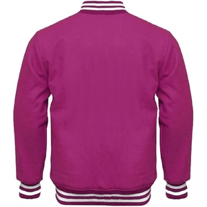 <b>Men</b> Magenta Pink Varsity Bomber <b>Jacket</b> Vibrant Solid Color Letterman with <b>White</b> Striped Trim - Product Image 2