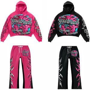 Custom Heavyweight Acid Wash Flared Sweatpants and Hoodie <b>Sets</b> Men Embroidery Streetwear Tracksuit Rhinestone Cropped Sweatsuit - Product Image 1
