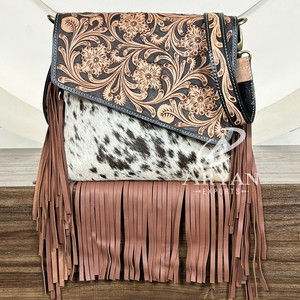 Bolsos cruzados con flecos de cuero de vaca a mano occidental de última moda, bolso de hombro oculto con pelo genuino para mujer - Product Image 1
