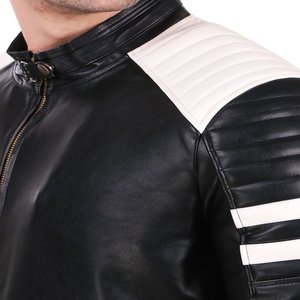 Veste en cuir noir et blanc Faux hommes coupe régulière manches longues fermeture à glissière saison d'hiver vestes de motard pour jeunes - Product Image 5