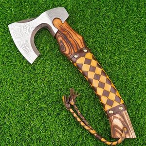 SCL- Hand Forged Mini Viking 14 Inches ASH Wood Handle Axe For Hatched With Multi-Shade Leather Warp on it New Etching Axe Head - Product Image 3