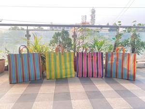 Bolsa de compras de nailon reutilizable ecológica RPET con cremallera a rayas Handloom tejido plástico reciclado bolsas de playa Logotipo de moda cosmético - Product Image 4