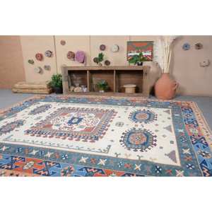Tapis Kilim Turc Vintage Bleu Orange Patchwork Design 8.7 X 10.6ft Tissage Plat Laine Jute pour Adolescent Rectangle Couloir Latex - Product Image 2