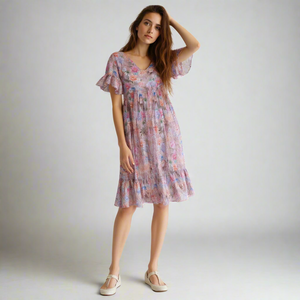 Casual Lady Floral Midi <b>Dress</b> Flutter Sleeves Cotton <b>Elastic</b> Waist Breathable Crocheted Cutout Decoration XS XL for Leisure - Product Image 1
