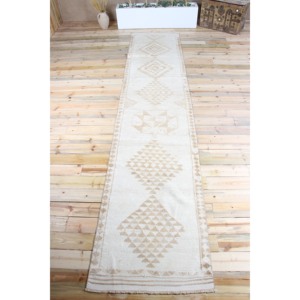 Alfombra Turca de 3x14.6 pies, Alfombra Vintage de Retazos, Lana Beige, Respaldo de Látex Ecológico, Alfombra Tradicional - Product Image 1