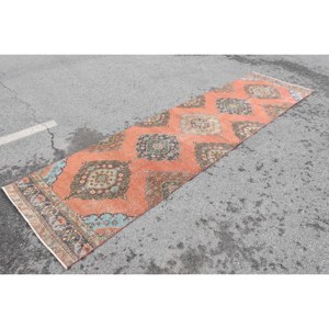 Tapis vintage en laine turque de 32 pieds x 12 pieds en patchwork classique orange et bleu pour un décor de salon de grande surface pour les adolescents - Product Image 3